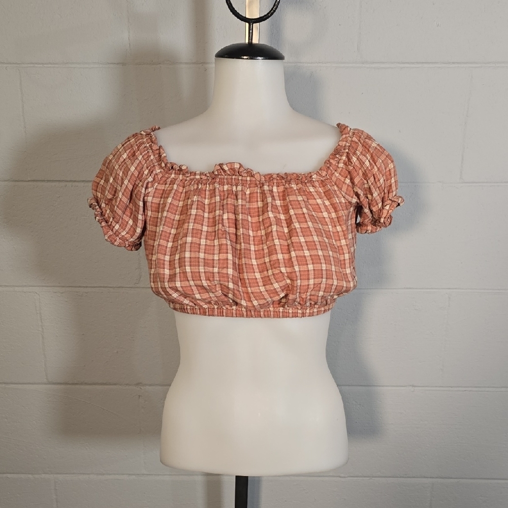American Eagle Plaid Off-Shoulder Crop Top